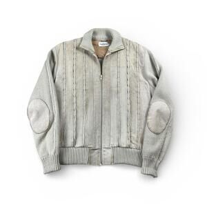 Vintage Oleg Cassini Leather Fisherman’s Cable Knit Sweater-Jac Beige Men’s XL